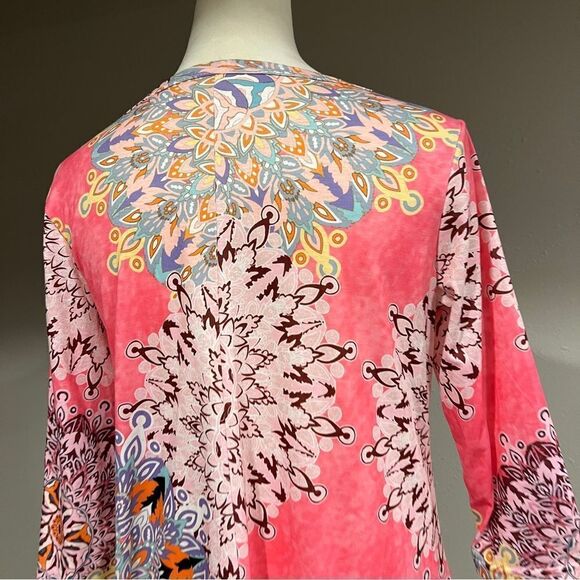 3/4 Sleeve Damask Floral Printed Tunic Dress Bohemian Swing Casual - Picture 7 of 12